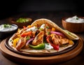 Colorful Chicken Fajitas on Wooden Plate. Royalty Free Stock Photo