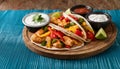 Colorful Chicken Fajitas on Wooden Plate. Royalty Free Stock Photo
