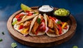 Colorful Chicken Fajitas on Wooden Plate. Royalty Free Stock Photo