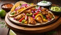Colorful Chicken Fajitas on Wooden Plate. Royalty Free Stock Photo