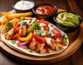 Colorful Chicken Fajitas on Wooden Plate. Royalty Free Stock Photo