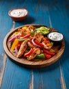 Colorful Chicken Fajitas on Wooden Plate. Royalty Free Stock Photo