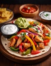Colorful Chicken Fajitas on Wooden Plate. Royalty Free Stock Photo