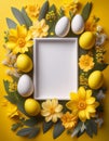 Vertical Yellow Easter greeting card with a white empty frame in the middle. Generated image Royalty Free Stock Photo