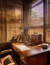 Wooden office desk with a leather briefcase and a lamp. Royalty Free Stock Photo