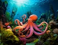 Octopus in an undersea garden. AI-Generated image. Royalty Free Stock Photo