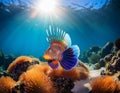 Mandarinfish Swimming in the Sea with Sun Rays passing through the sea Royalty Free Stock Photo