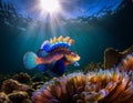 Mandarinfish Swimming in the Sea with Sun Rays passing through the sea Royalty Free Stock Photo