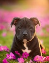Black staffordshire terrier puppy posing with petunia flowers on grass. Royalty Free Stock Photo
