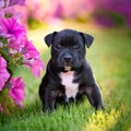 Black staffordshire terrier puppy posing with petunia flowers on grass. Royalty Free Stock Photo