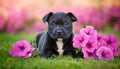 Black staffordshire terrier puppy posing with petunia flowers on grass. Royalty Free Stock Photo