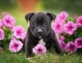 Black staffordshire terrier puppy posing with petunia flowers on grass. Royalty Free Stock Photo
