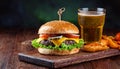 Tasty grilled cheeseburger served with lemonade and mustard. Barbecue hamburger with vegetables and meat Royalty Free Stock Photo