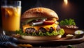 Tasty grilled cheeseburger served with lemonade and mustard. Barbecue hamburger with vegetables and meat Royalty Free Stock Photo