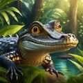 Portrait of a baby caiman with the rainforest in the background Royalty Free Stock Photo