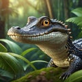 Portrait of a baby caiman and the rainforest in the background Royalty Free Stock Photo