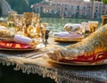 Generated image of an elegantly set table with a canal and urban architecture in the background Royalty Free Stock Photo