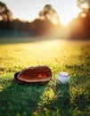 Baseball on the field. Close up of a baseball glove on the grass Royalty Free Stock Photo