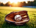 Baseball on the field. Close up of a baseball glove on the grass Royalty Free Stock Photo
