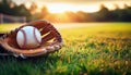 Baseball on the field. Close up of a baseball glove on the grass Royalty Free Stock Photo