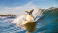 White and brown dog surfing on a surfboard wearing sunglasses on the sea with big waves in sea. Royalty Free Stock Photo