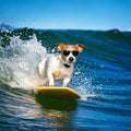 White and brown dog surfing on a surfboard wearing sunglasses on the sea with big waves in sea. Royalty Free Stock Photo