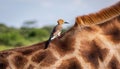 Oxpecker on Giraffe s Back on the Safari. Royalty Free Stock Photo