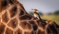 Oxpecker on Giraffe s Back on the Safari. Royalty Free Stock Photo