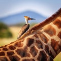 Oxpecker on Giraffe s Back on the Safari. Royalty Free Stock Photo