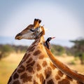 Oxpecker on Giraffe s Back on the Safari. Royalty Free Stock Photo