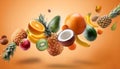Many fresh tropical fruits falling on orange background Royalty Free Stock Photo