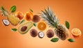 Many fresh tropical fruits falling on orange background Royalty Free Stock Photo