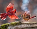 Red Northern Cardinal male and female flying on blur background Royalty Free Stock Photo