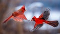 Red Northern Cardinal male and female flying on blur background Royalty Free Stock Photo