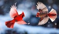 Red Northern Cardinal male and female flying on blur background Royalty Free Stock Photo
