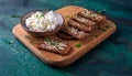 Crispy rye bread with sesame seeds, ham and cottage cheese. Royalty Free Stock Photo