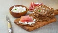 Crispy rye bread with sesame seeds, ham and cottage cheese. Royalty Free Stock Photo