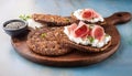 Crispy rye bread with sesame seeds, ham and cottage cheese. Royalty Free Stock Photo