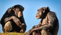 Two chimpanzees talking. Two chimpanzees meeting with each other apparently having a discussion using hand gestures Royalty Free Stock Photo