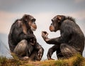Two chimpanzees talking. Two chimpanzees meeting with each other apparently having a discussion using hand gestures Royalty Free Stock Photo