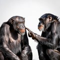 Two chimpanzees talking. Two chimpanzees meeting with each other apparently having a discussion using hand gestures Royalty Free Stock Photo