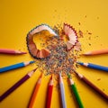 Color pencils with shavings. Directly Above Shot Of Colored Pencils With Shavings Over Yellow Background Royalty Free Stock Photo
