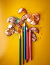 Color pencils with shavings. Directly Above Shot Of Colored Pencils With Shavings Over Yellow Background Royalty Free Stock Photo