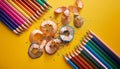 Color pencils with shavings. Directly Above Shot Of Colored Pencils With Shavings Over Yellow Background Royalty Free Stock Photo
