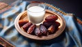Ramadan Ritual: Dates and Milk on Golden Plate (AI Generated) Royalty Free Stock Photo