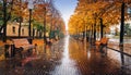 Autumn boulevard in the rain. Wonderful autumnal view of the city boulevard, avenue. Royalty Free Stock Photo