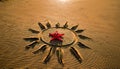 A sun with rays is drawn on the sand, and a sea red star was placed. Sun, rays, travel, starfish. Royalty Free Stock Photo