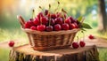 Basket of fresh red cherries. Freshly picked red cherries in a basket Royalty Free Stock Photo
