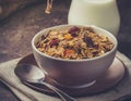 Breakfast cereal. Milk and fruit musli in a bowl Royalty Free Stock Photo