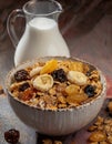 Breakfast cereal. Milk and fruit musli in a bowl Royalty Free Stock Photo